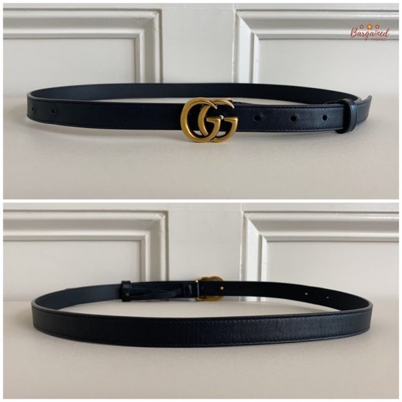 Authentic Gucci Black Smooth Leather Slim Signature Double G Buckle Belt 85/34